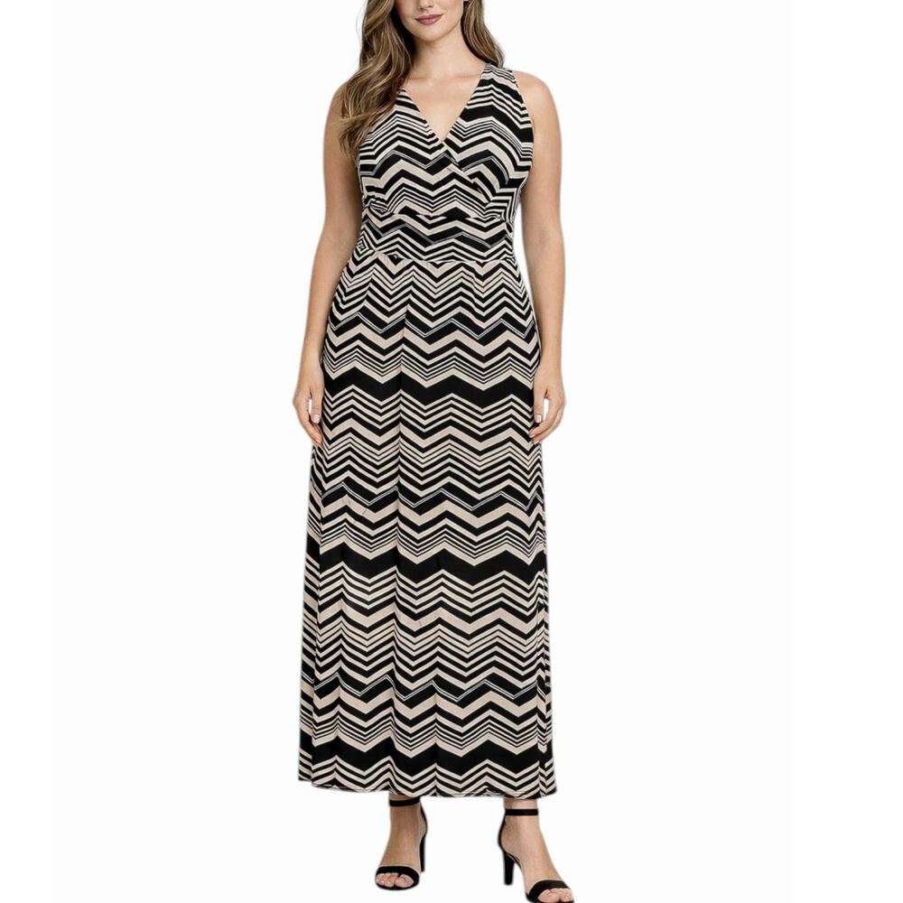 French Laundry NWT Chevron Surplice Sleeveless Maxi Dress Black Tan Size 1X